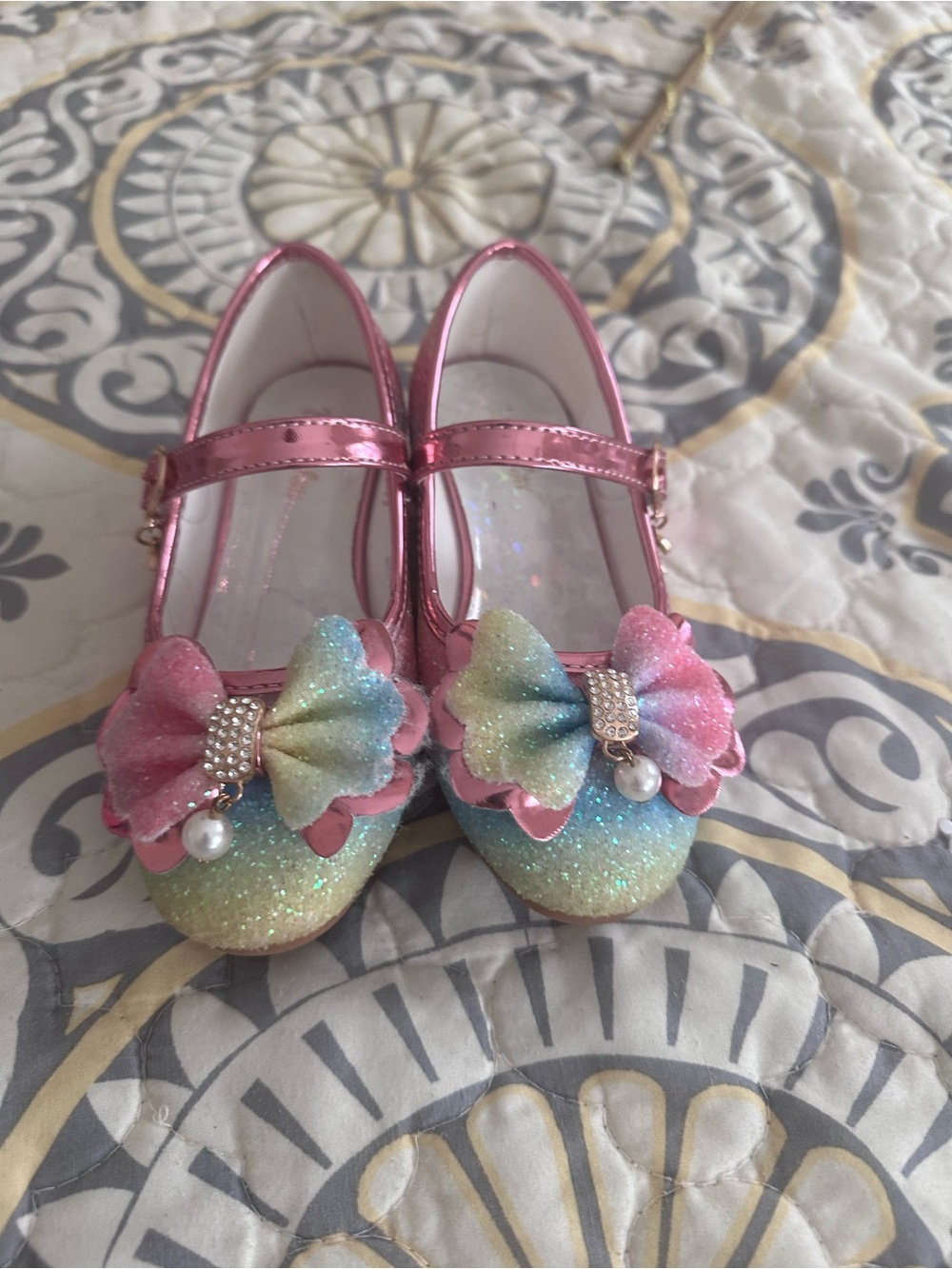 Girls Glitter Pastel Bow Mary Jane Shoes - Pink